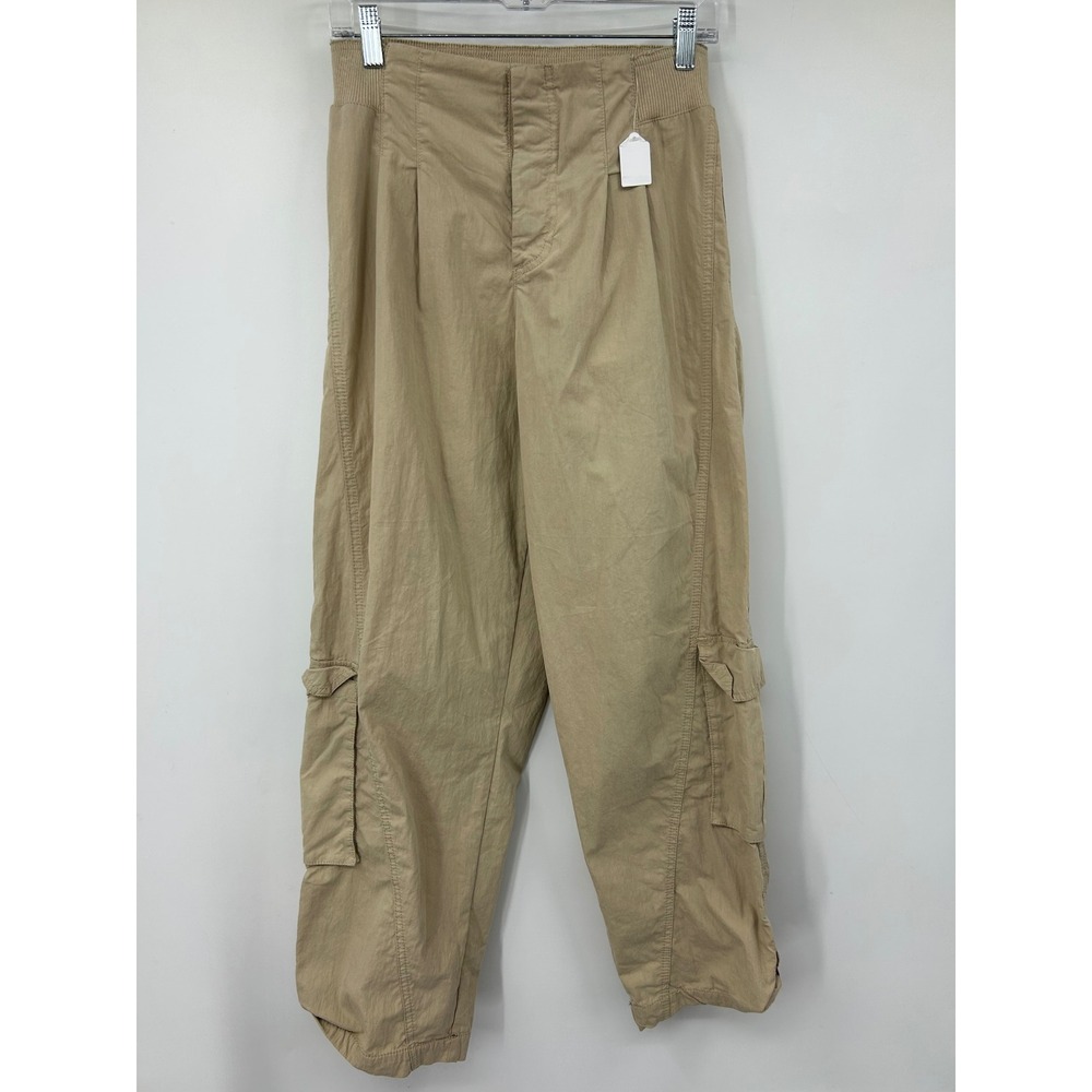 FP Movement Free People Women Tan Khaki Cargo Pants Smocked Waist Snap Cuff S